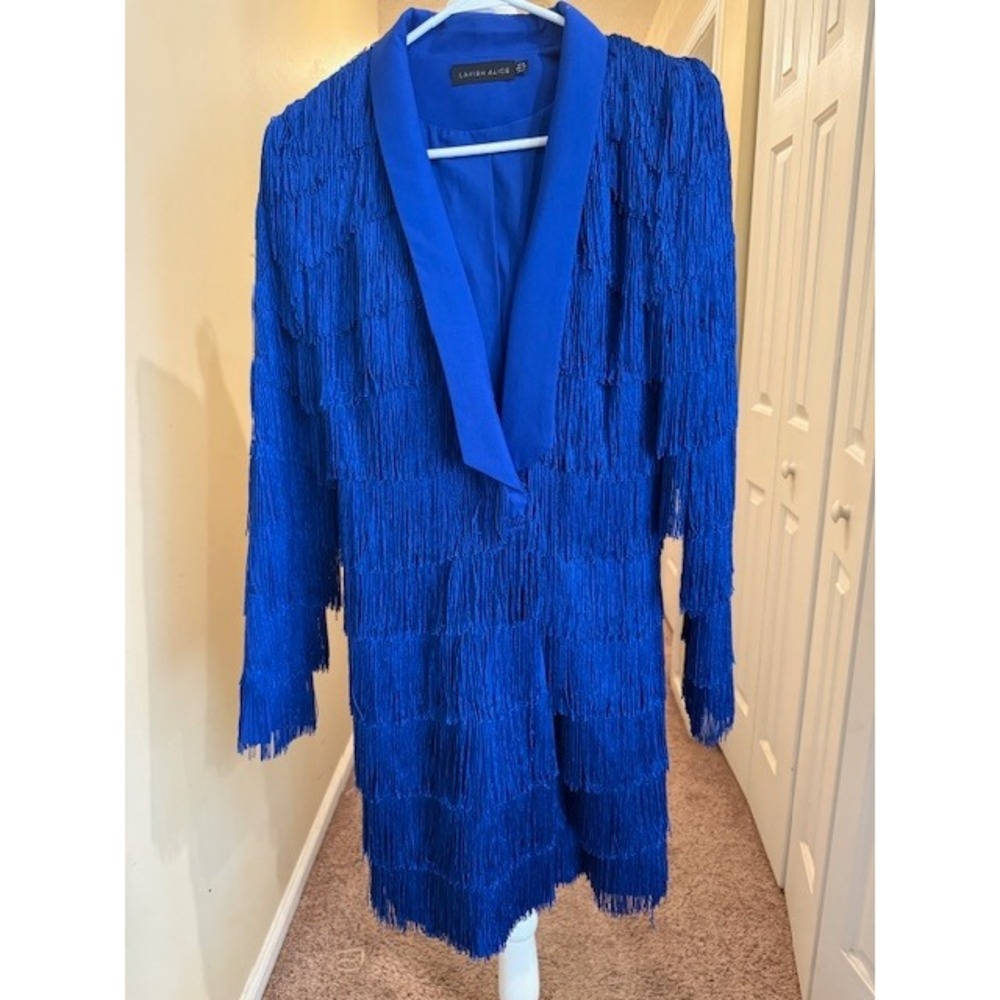 Lavish Alice Royal Blue Fringe Tassel Blazer Mini Dress US 4 UK 8 Shawl Lapel